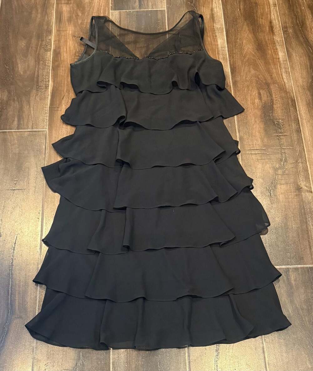 Patra Sleeveless Tiered Chiffon Cocktail Dress with Beaded Trim, Size 8